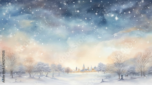 Illustration of a beautiful winter landscape, trees covered with snow. © kept