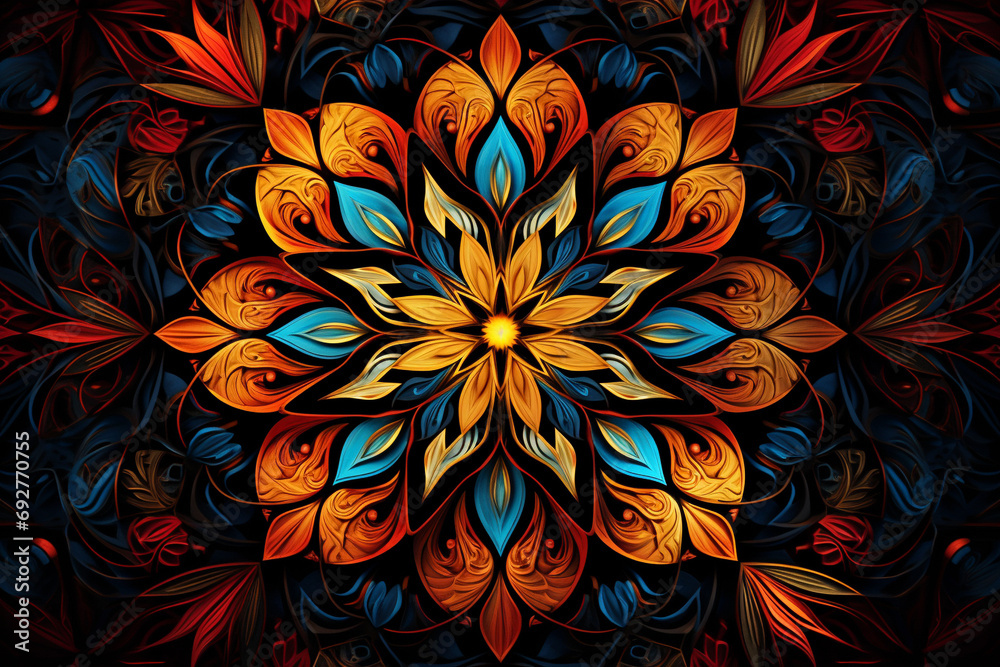 A 3D arrangement of intricate geometric patterns in vibrant shades of red, blue, and yellow, creating a mesmerizing kaleidoscope against a midnight black background.