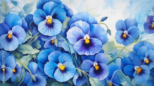 Illustration of vibrant blue pansies in full bloom.