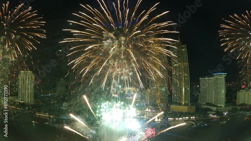 Bangkok Thailand, Fireworks countdown display celebration at Chao Phraya River, Colorful New Year Firework HD photo