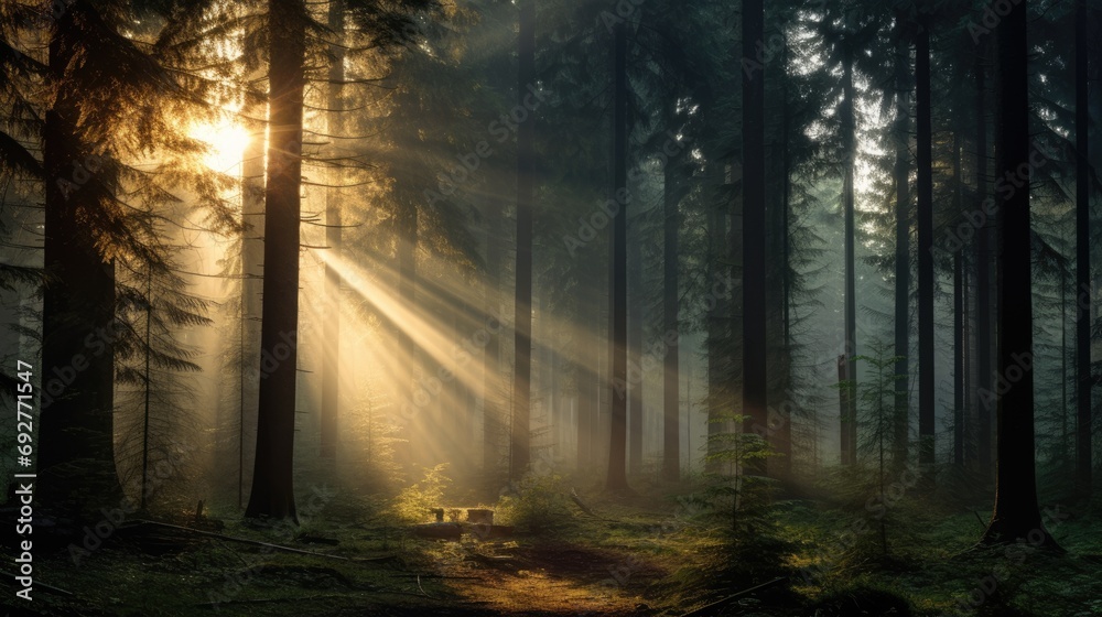 Natural forest of spruce trees, sunbeams through fog create mystic atmosphere.