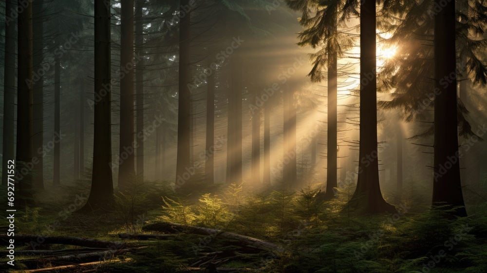 Obraz premium Natural forest of spruce trees, sunbeams through fog create mystic atmosphere.