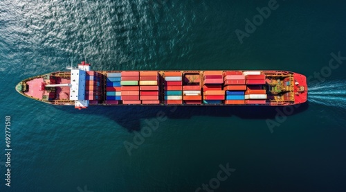 Aerial top view of a cargo ship carrying containers for export cargo.