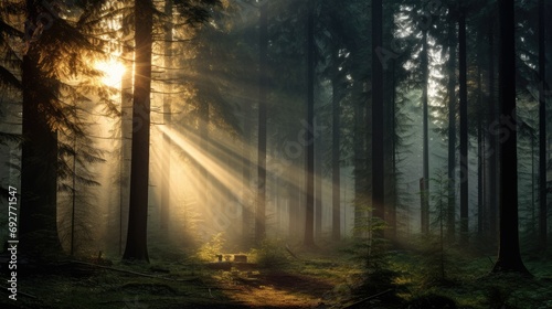 Natural forest of spruce trees, sunbeams through fog create mystic atmosphere.