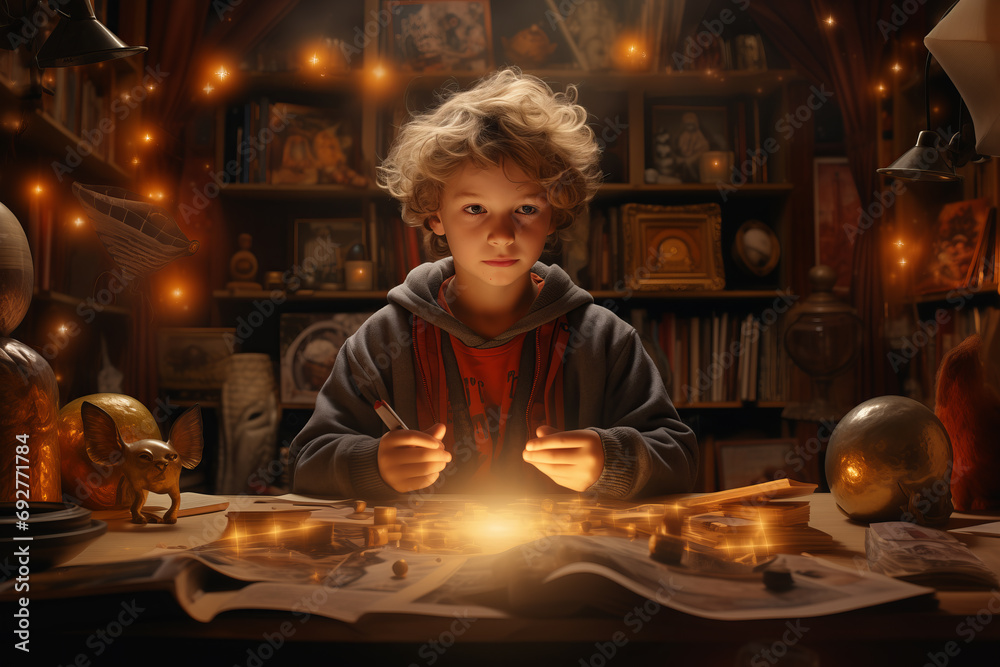 Enchanted Childhood: 9-Year-Old Practicing Magic in an Antique Library