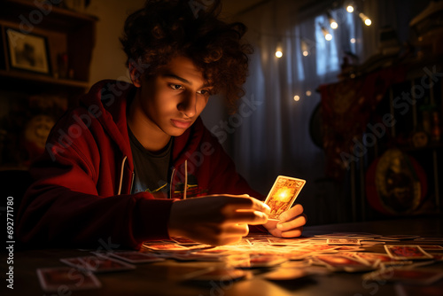 Gen Z Teenager Seeking Guidance: Tarot Exploration in a Room
