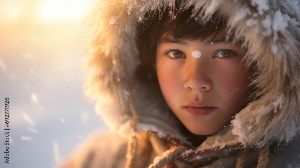 Image of a teenage Eskimo in a winter landscape. Image of a teenage Eskimo in a winter landscape.