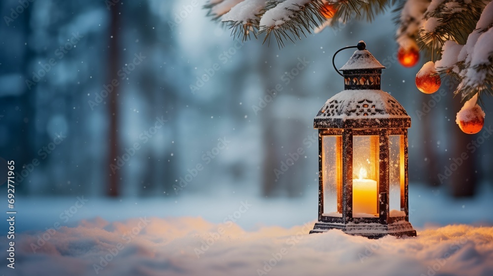Image of Christmas lantern on snow with a backdrop of fir branches. Image of Christmas lantern on snow with a backdrop of fir branches.