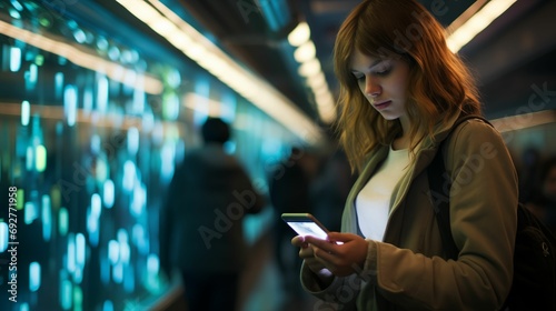 Image of a woman is looking at a smartphone on the subway.