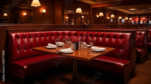 Image of classic dinner with red leather cabins.