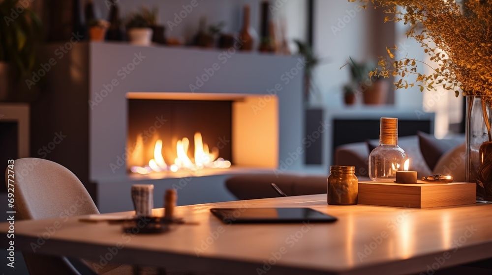 Image of desk with generous free space and a cozy fireplace in a home interior. Image of desk with generous free space and a cozy fireplace in a home interior.