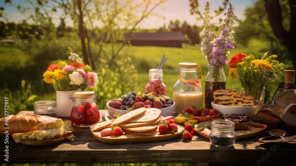 snacks spring picnic food illustration sandwiches fruits, cheese bread, wine lemonade snacks spring picnic food