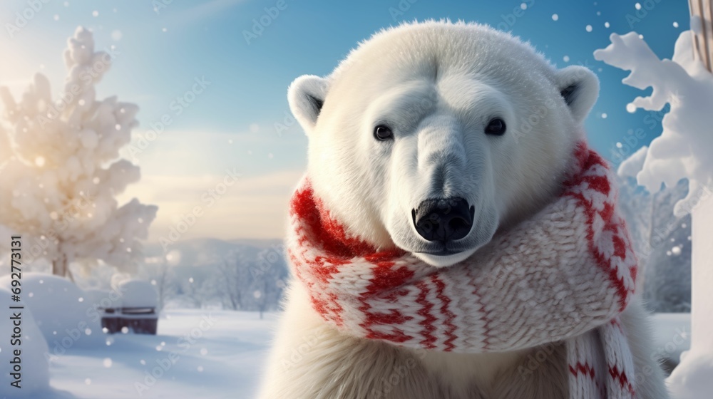 Image of polar bear is covered with a winter scarf.