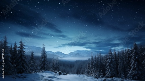 Image of nighttime view of a snowy forest and majestic mountains.