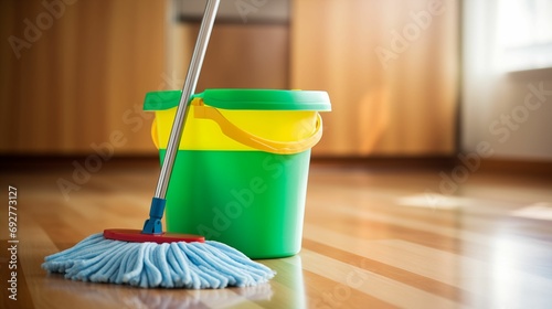 Image of plastic bucket with a mop.