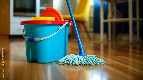 Image of plastic bucket with a mop.