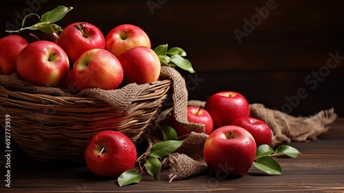 Ripe apples arranged in a wooden basket on a rustic table.