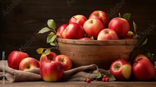 Ripe apples arranged in a wooden basket on a rustic table.