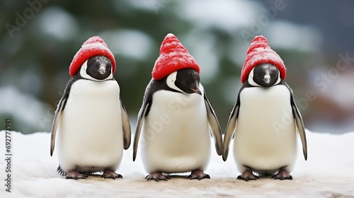 Penguins dressed in Christmas Santa hats. © kept