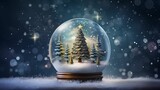 Shiny Christmas tree enclosed within a snow globe.