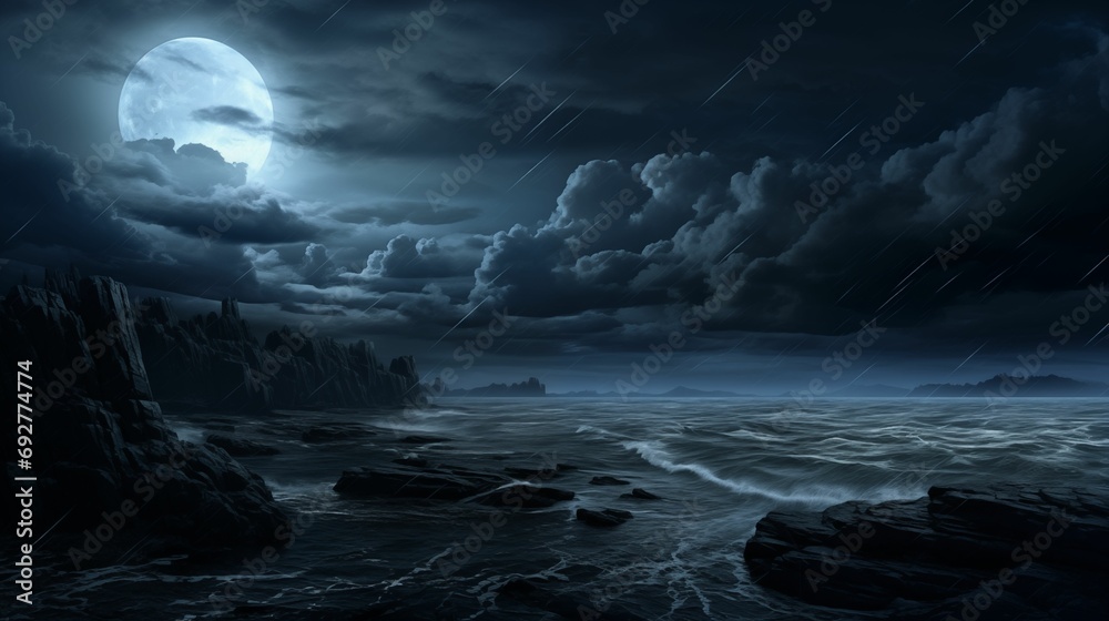 The landscape, the sky in black and blue, it stretches over the sea.