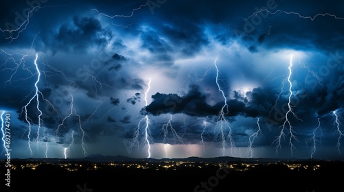 Thunderstorm, with menacing dark clouds and flashes of lightning illuminated the sky.