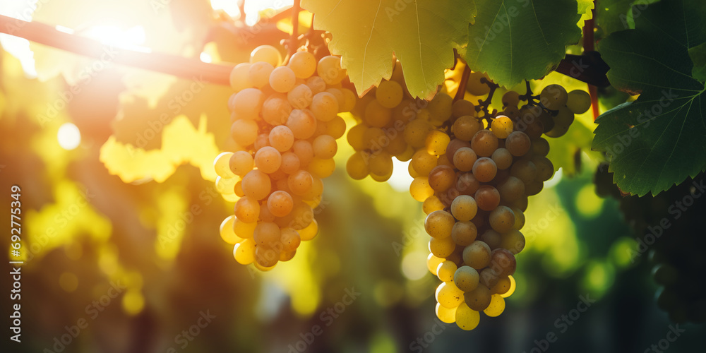 Green Ripe Grapes Hanging on Grapevine in Vineyard. Close-up View of Grapes Ready for Harvesting. Concept of Wine Production and Organic Farming. - obrazy, fototapety, plakaty 