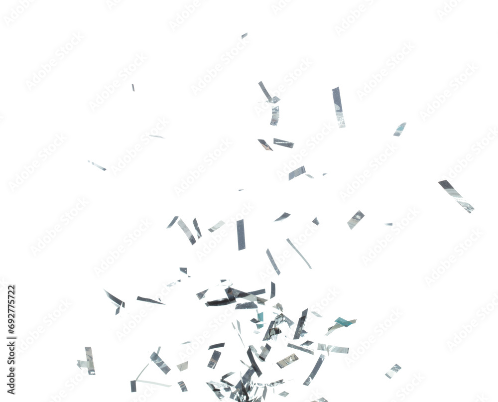 Silver Confetti Foil fall splashing in air. Silver Confetti Foil explosion flying, abstract cloud fly. Many Party glitter scatter in many group. White background isolated high speed shutter freeze Silver Confetti Foil fall splashing in air. Silver Confetti Foil explosion flying, abstract cloud fly. Many Party glitter scatter in many group. White background isolated high speed shutter freeze