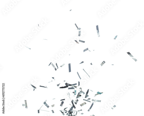 Silver Confetti Foil fall splashing in air. Silver Confetti Foil explosion flying  abstract cloud fly. Many Party glitter scatter in many group. White background isolated high speed shutter freeze