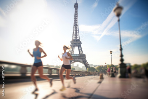 Motion blur of athletes as they run past the Eiffel Tower in Paris, France during a sports race