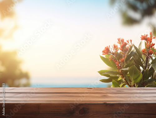 tropical summer beach with palm trees background with wooden table for product placement space