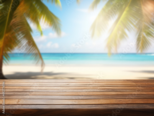 tropical summer beach with palm trees background with wooden table for product placement space