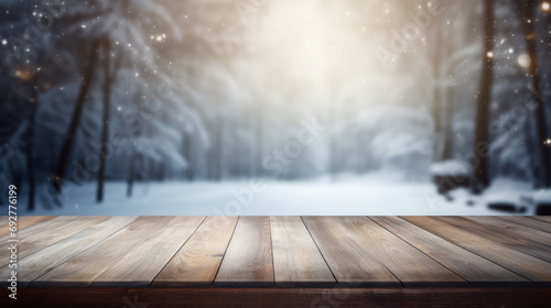Winter background and wooden table for product placement in front
