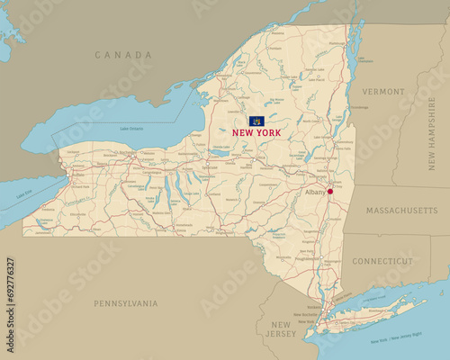 Road map of New York, US American federal state. Editable highly detailed transportation map of New York with highways and interstate roads, rivers, lakes and cities vector illustration