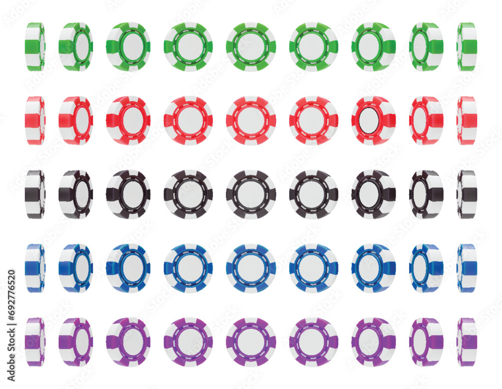 Set of casino chips 3D rendering, view from different angles. Casino, gambling game, betting symbol. Online gambling token for slot, poker, roulette, blackjack three dimensional vector illustration Set of casino chips 3D rendering, view from different angles. Casino, gambling game, betting symbol. Online gambling token for slot, poker, roulette, blackjack three dimensional vector illustration