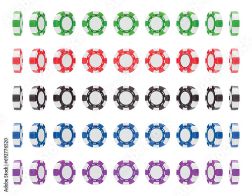 Set of casino chips 3D rendering, view from different angles. Casino, gambling game, betting symbol. Online gambling token for slot, poker, roulette, blackjack three dimensional vector illustration