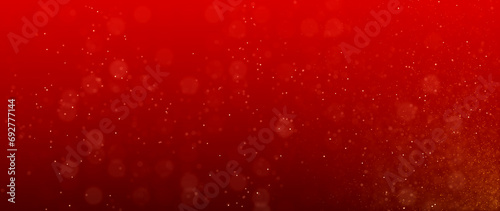 Banner gold particles abstract background with bokeh on red Background. Futuristic glittering in space.