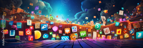 Dynamic Social Media Icons and Interface Elements Background photo