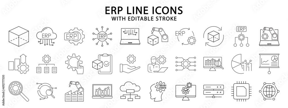 ERP icons. Enterprise resource planning line icons. ERP icon set. Vector illustration. Editable stroke.