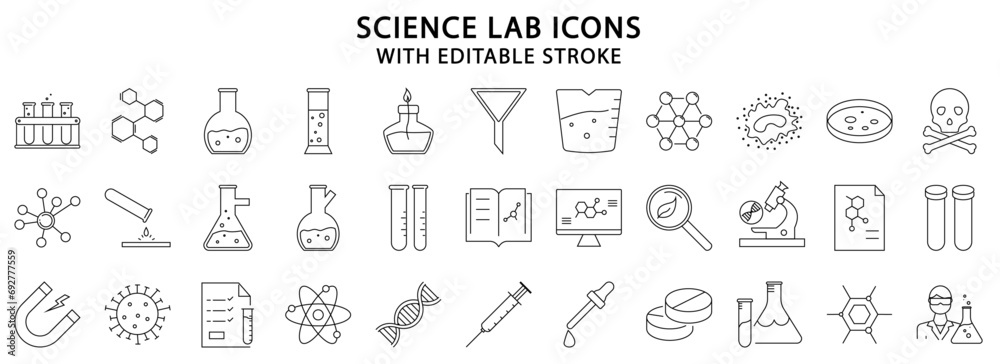 Science lab icons. Science Lab line icons. Science icon set. Laboratory icon set. Vector illustration. Editable stroke. - obrazy, fototapety, plakaty 