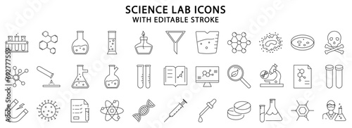 Science lab icons. Science Lab line icons. Science icon set. Laboratory icon set. Vector illustration. Editable stroke.