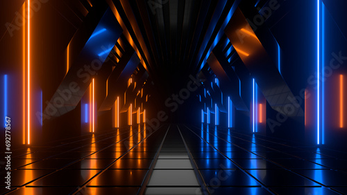 Wallpaper Mural Sci Fi neon glowing lines in a dark tunnel. Reflections on the floor and ceiling. Empty background in the center. 3d rendering image. Abstract glowing lines. Technology futuristic background. Torontodigital.ca