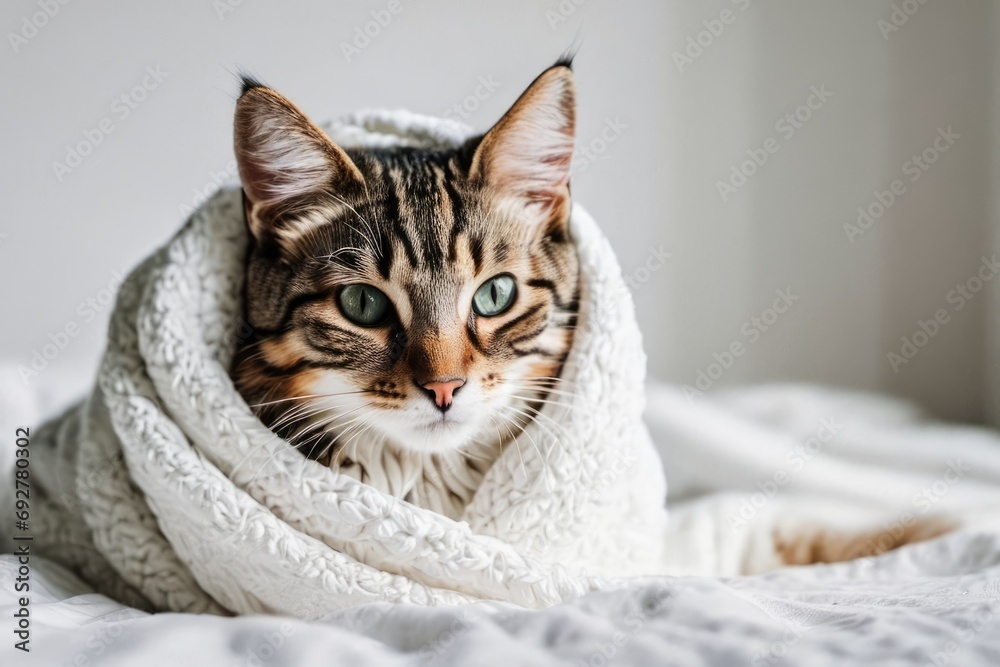 A cute little tabby kitten in a soft white blanket. Striped cat under a warm blanket on the bed. Modern bright bedroom. Cosy morning photo with a pet