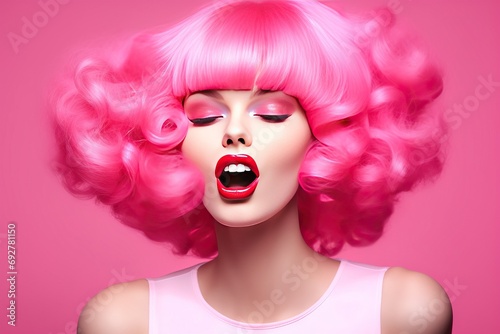 makeup lips Pink mouth open Wide woman wig Emotion doll woman female model fashion hot trend feminine beauty portrait girl style glamour young makeup pretty face coiffure beautiful smile colours