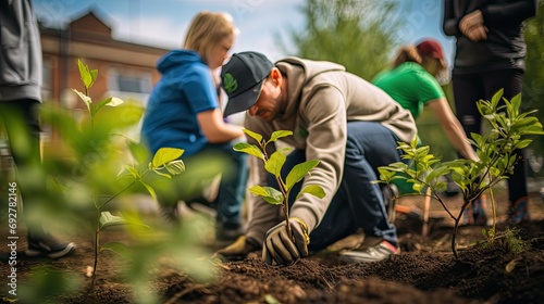 Group of volunteers planting trees and creating a green photo
