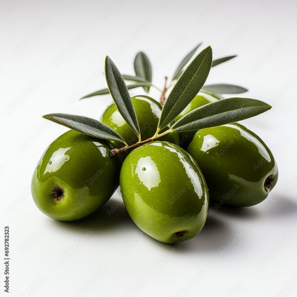 Obraz premium Green Olives with Leaves on White Background