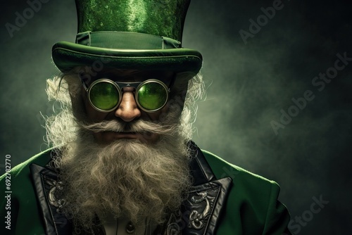 Happy guy having fun at crazy St Patrick's Day holiday party. Man wearing  leprechaun hat, green suit and sunglasses. Celebration in Ireland pub. Greeting card, banner, flyer, poster with copy space photo