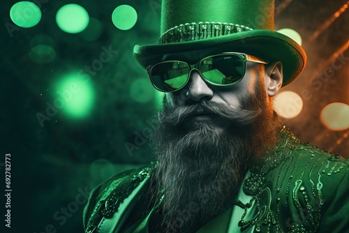 Happy guy having fun at crazy St Patrick's Day holiday party. Man wearing leprechaun hat, green suit and sunglasses. Celebration in Ireland pub. Greeting card, banner, flyer, poster with copy space