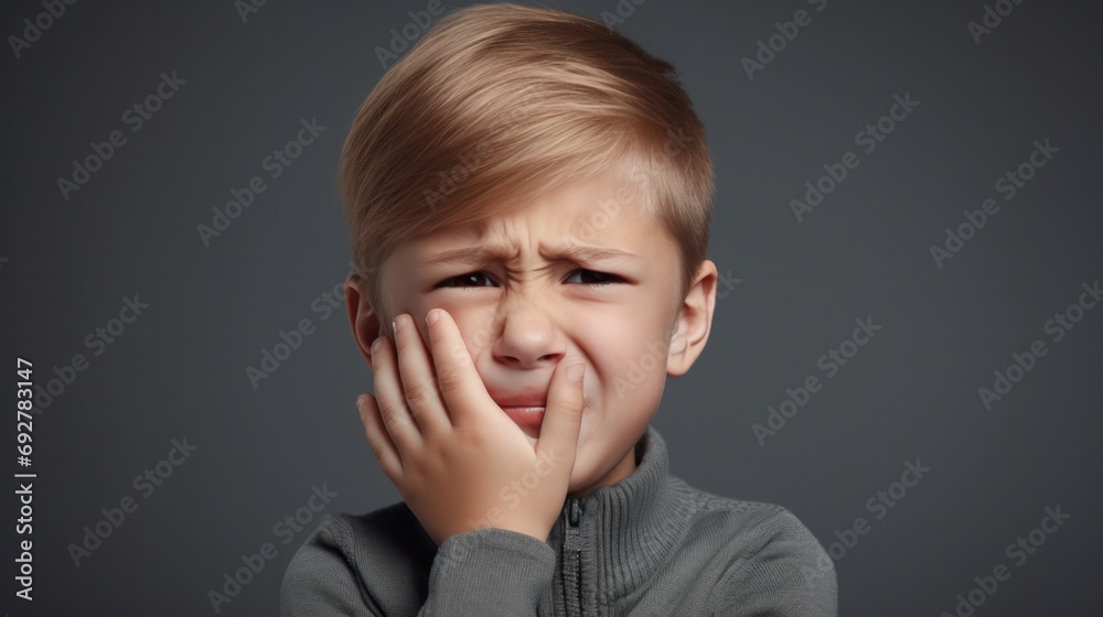 little boy presses hand to cheek, suffers from pain in tooth isolated on gray studio background. Teeth decay, dental problems, child emotions and facial expression - obrazy, fototapety, plakaty 
