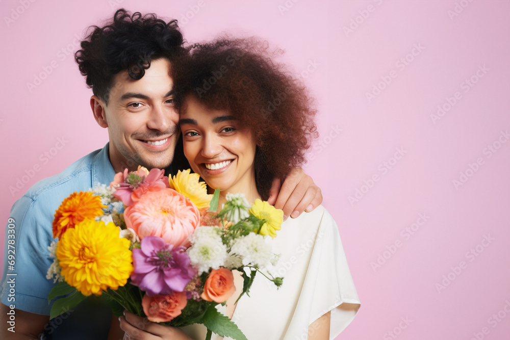 Happy multiethnic couple posing with the style of Valentine's day. Studio shot pink background with copy space Happy multiethnic couple posing with the style of Valentine's day. Studio shot pink background with copy space